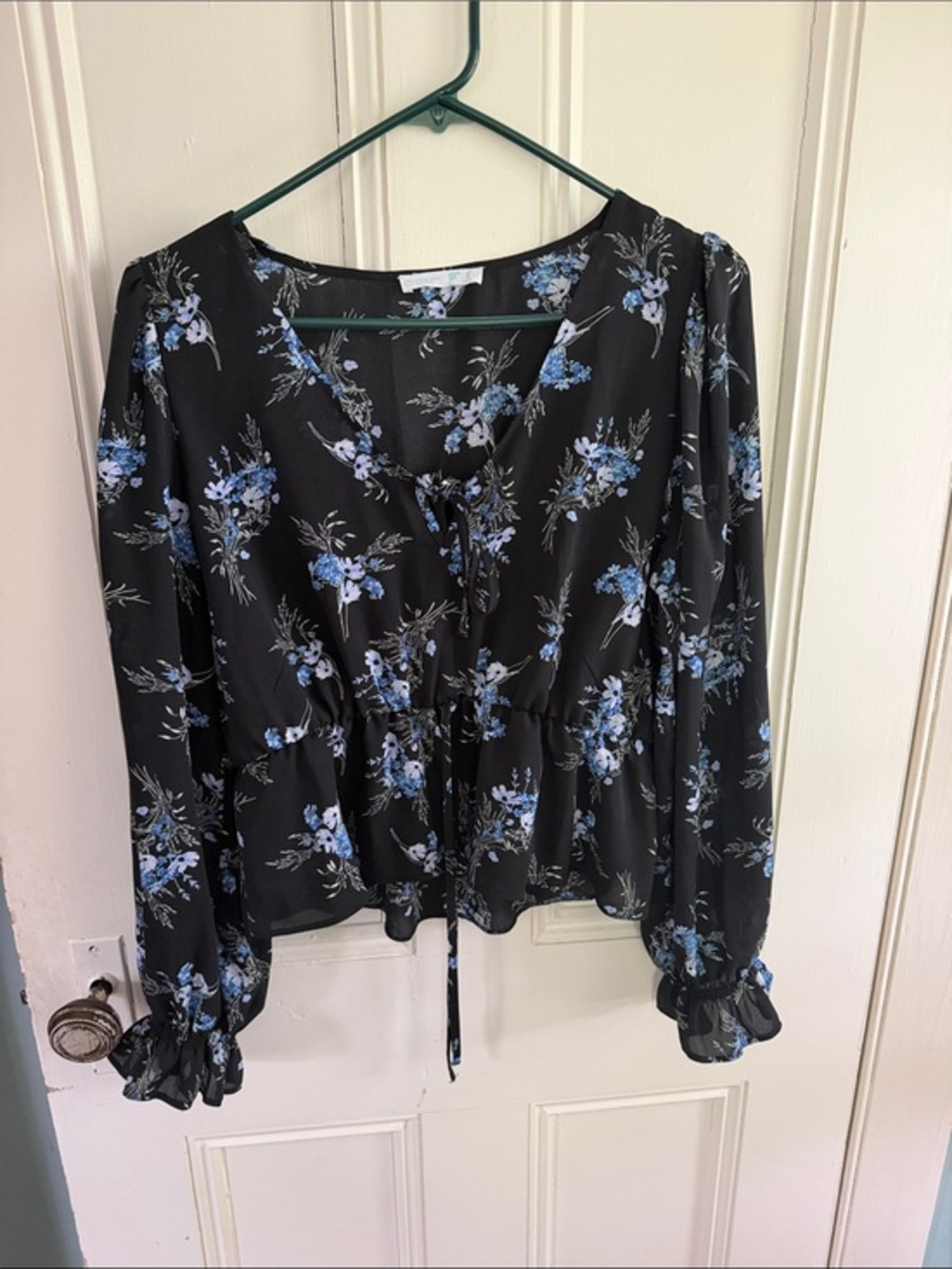 Primark Black Top with Blue Floral Print and Tie Front